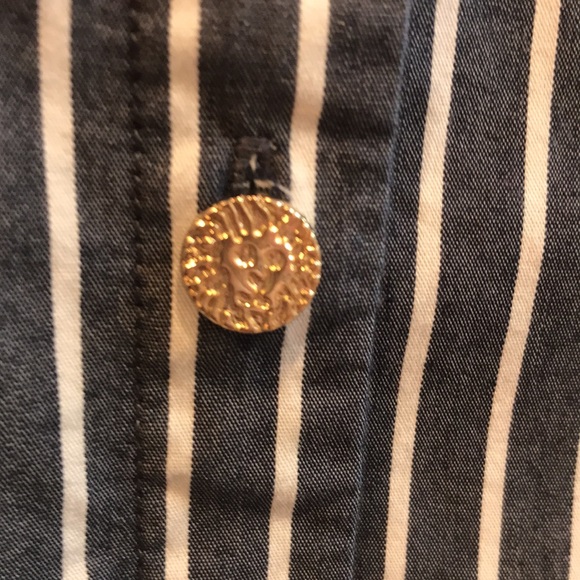 Anne Klein Navy and White Striped Sleeveless Tunic Top with Signature Buttons - Picture 4 of 4